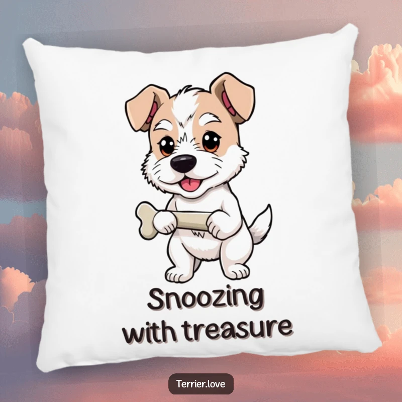 Funny Pillow with a proud terrier holding a bone, soft and humorous decor celebrating success.