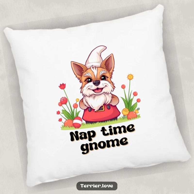 Funny terrier pillow with a dog's grinning face peeking from behind a garden gnome, offering soft, humorous comfort.