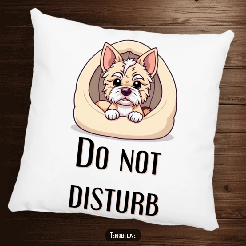 Funny terrier pillow featuring a dog peeking out from a cozy dog bed, offering plush comfort and a hint of playful, sleepy charm.