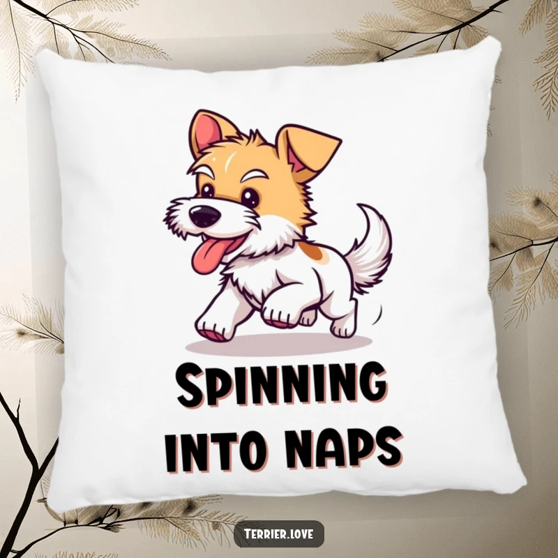 Funny pillow featuring a happy terrier dog in a comical, dizzying chase after its tail, perfect for adding humor to decor.