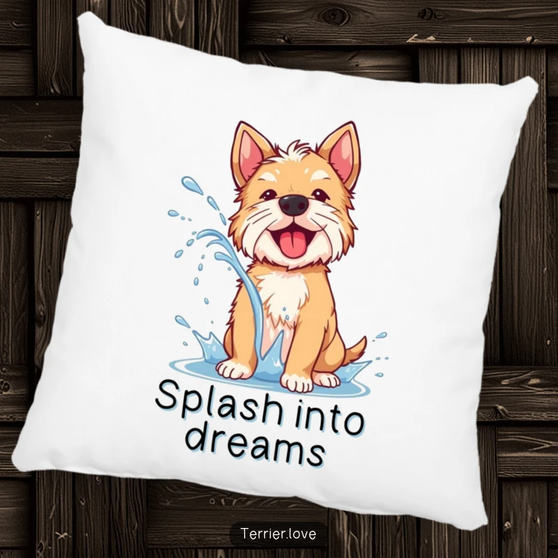 Funny terrier pillow showing a dog joyfully shaking off water, creating a lively spray, perfect for adding comfort and humor.