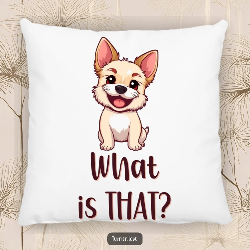 Funny Pillow featuring an excited terrier tilting its head, big curious eyes adding charm and humor.