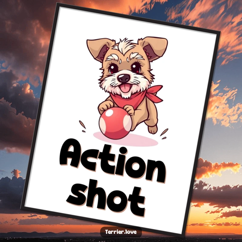 Funny terrier digital art print of a small dog in a bandana, energetically chasing a bouncy ball, ready for instant download.