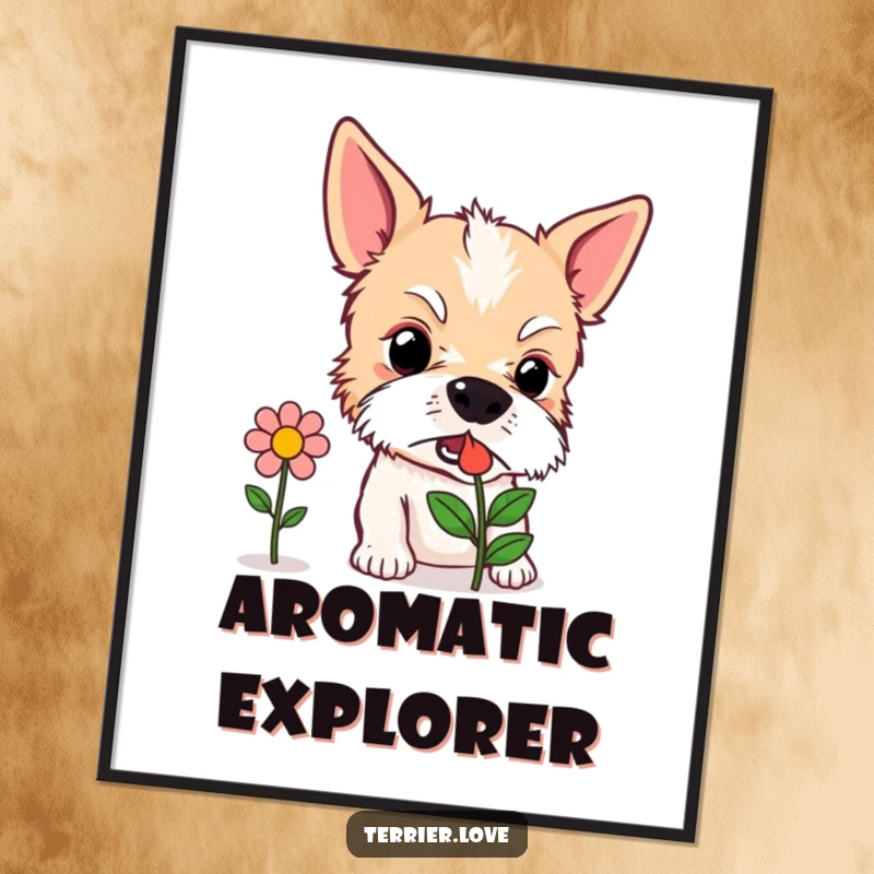 Funny Digital Art Print: A curious terrier dog sniffing a stylized flower icon with interest, symbolizing gentle exploration.