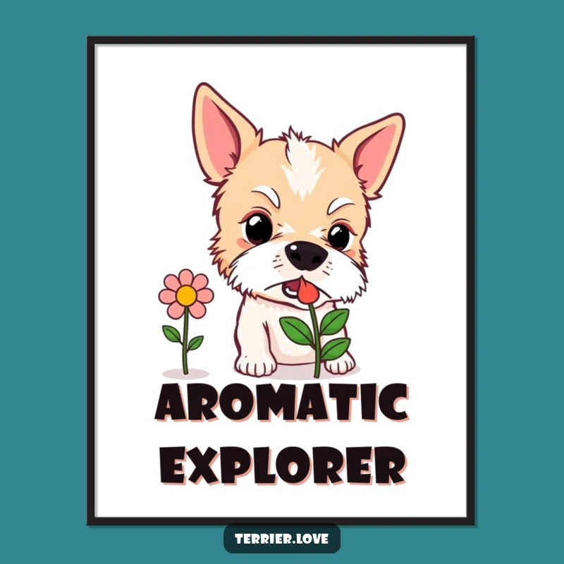 Funny Curious Terrier Digital Print - Sniffing Flower Art, Instant Nature Gift