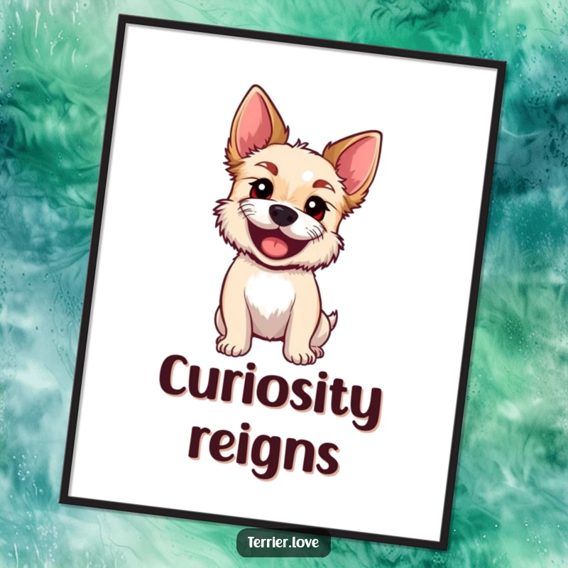 Funny Digital Art Print of an excited terrier tilting its head, big curious eyes full of wonder.