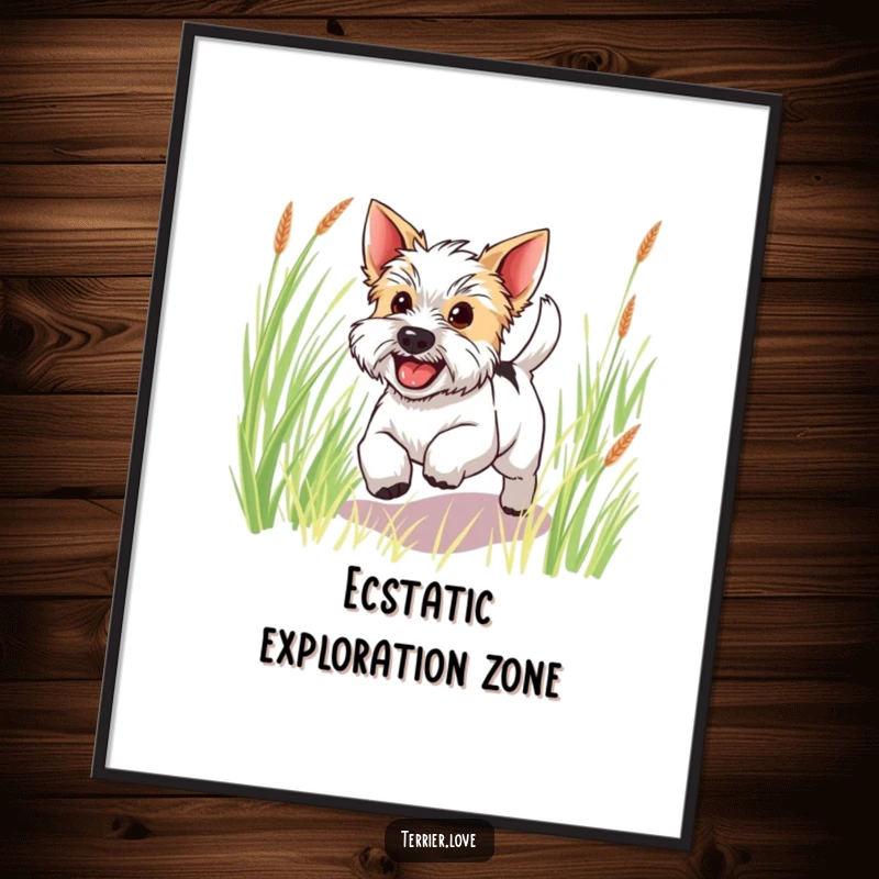 Funny happy terrier digital art print of a dog bounding through tall grass with a wagging tail, radiating pure joy.