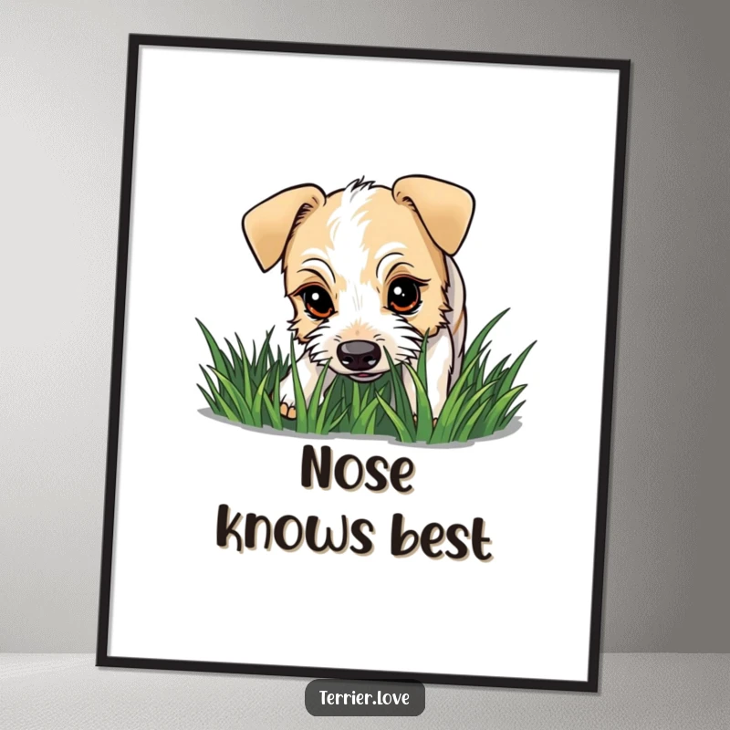 Funny terrier digital art print showing a dog with a curious gaze sniffing grass, perfect for investigative and playful decor.