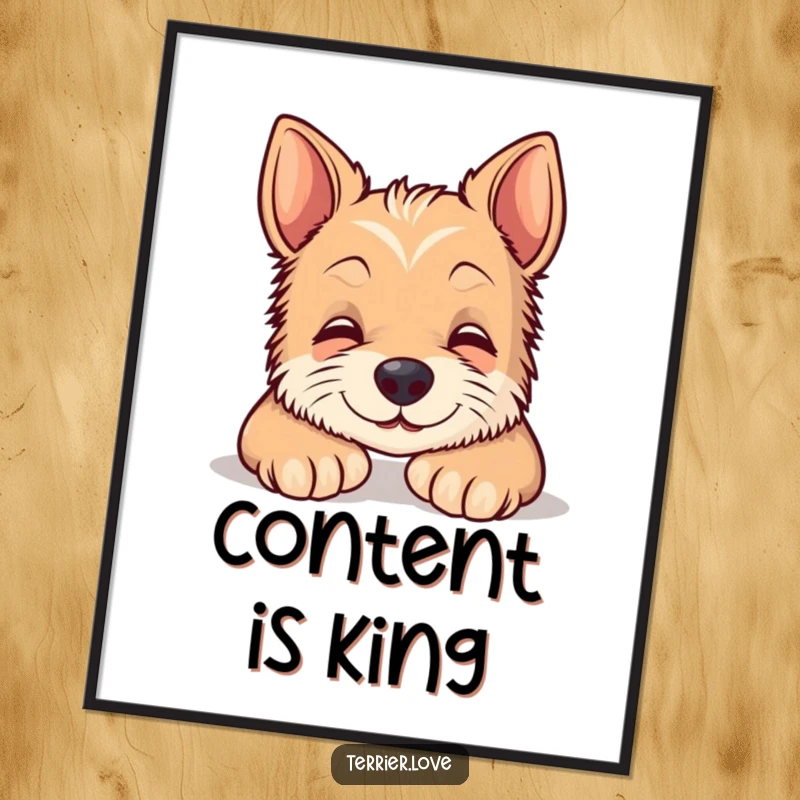 Funny digital art print of a content smiling terrier dog resting peacefully, bringing a serene and humorous touch to wall decor.