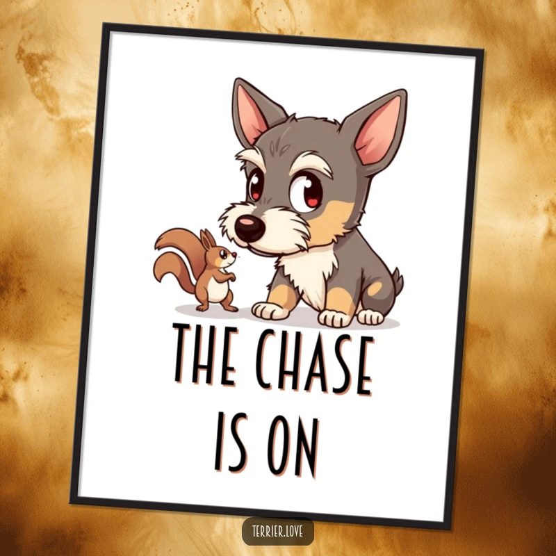 Funny digital art print of a terrier dog with wide eyes intently watching a squirrel, bringing humor and intense focus to wall decor.