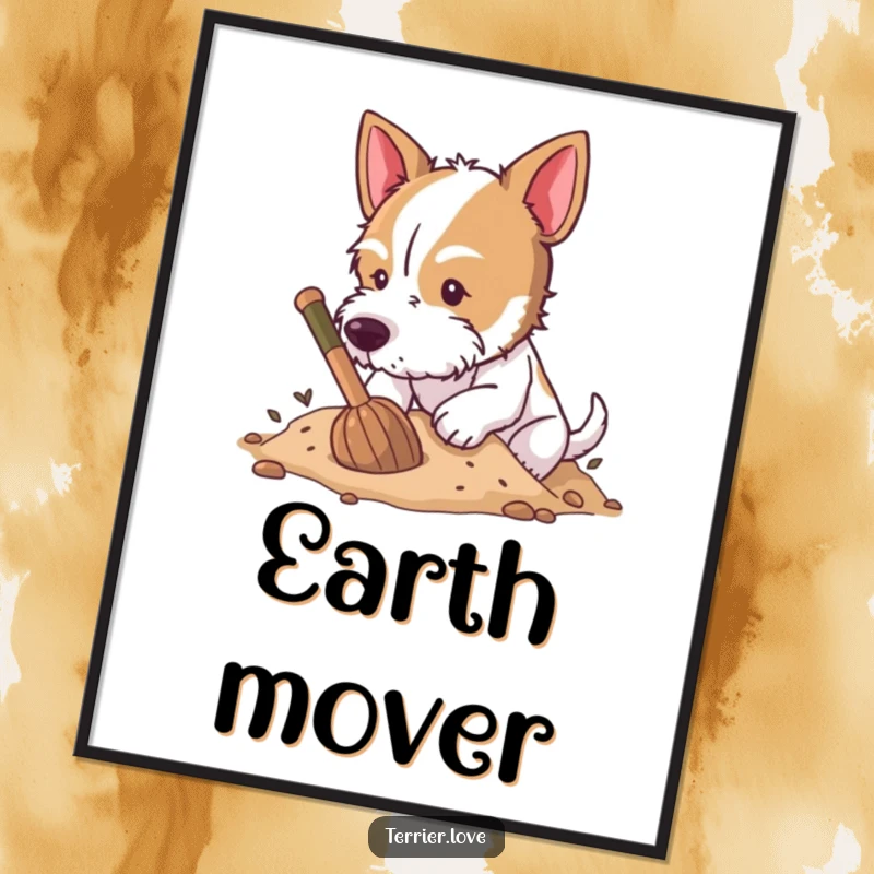 Funny Digital Art Print of a terrier digging enthusiastically in soft earth, covered in dirt and pure joy.
