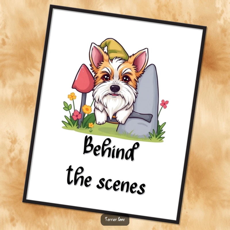 Funny mischievous terrier digital art, dog peeking from behind garden gnome, playful canine illustration, printable wall decor.