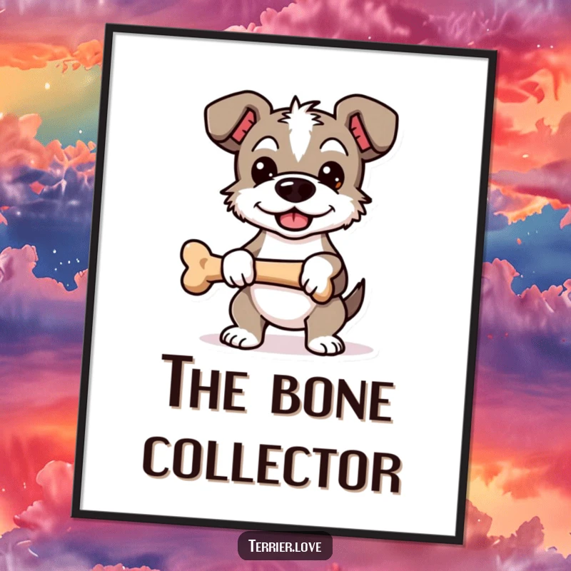 Funny Proud Terrier Digital Art: Printable art of a dog character standing proudly, holding a bone, conveying success.