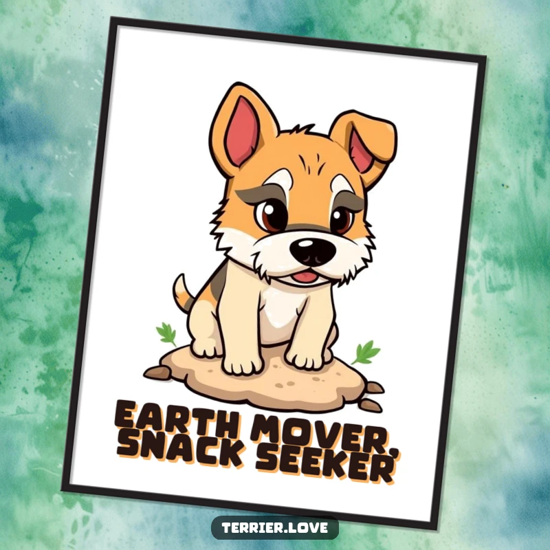 Funny digital art print of a terrier character with a serious expression, diligently digging a small hole with great focus.