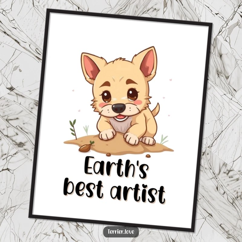 Funny digital art print of a determined terrier dog digging in the earth, capturing a humorous and action-packed pet portrait.