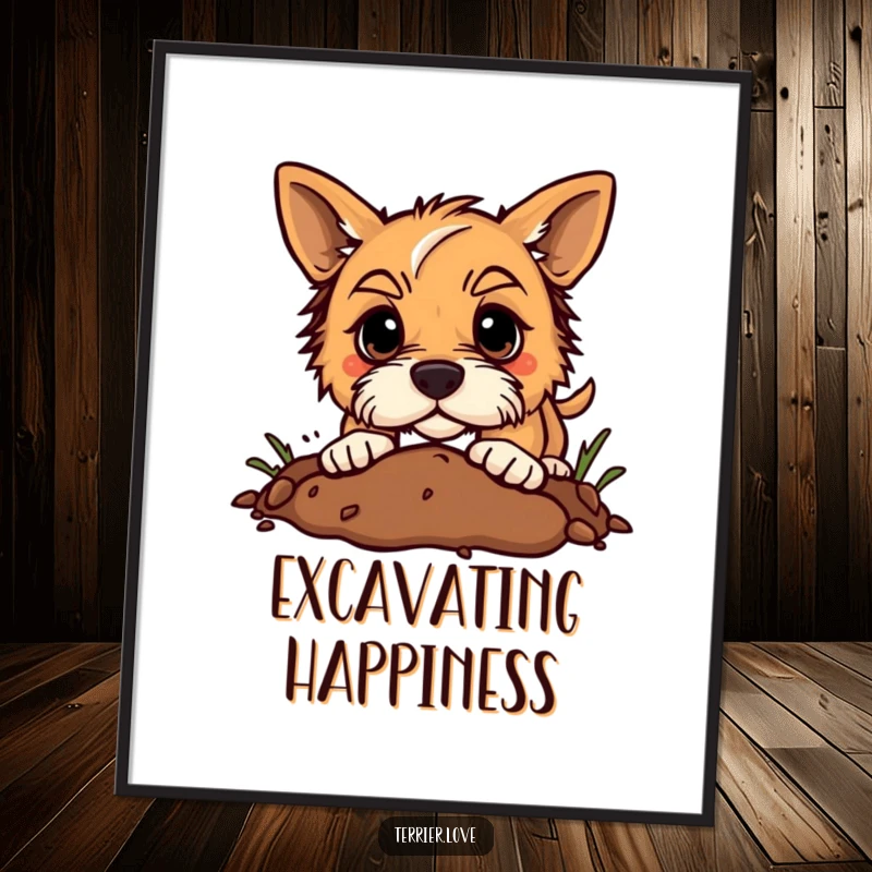 Funny terrier digital art print of a dog digging enthusiastically in the dirt with a determined expression.