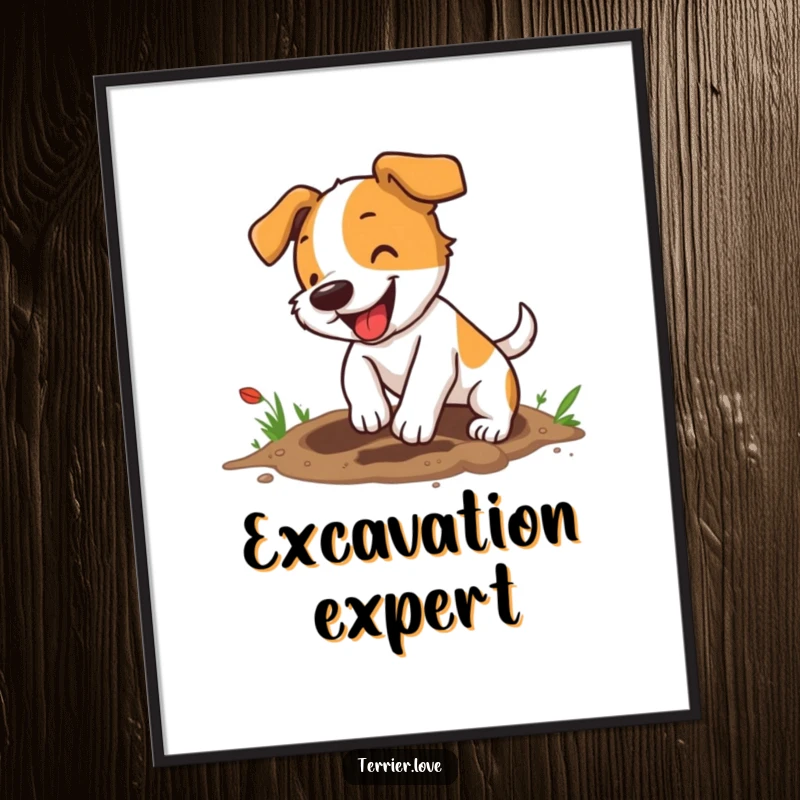 Funny terrier digital art print of a small, energetic dog digging a hole with great enthusiasm, ready for instant download.