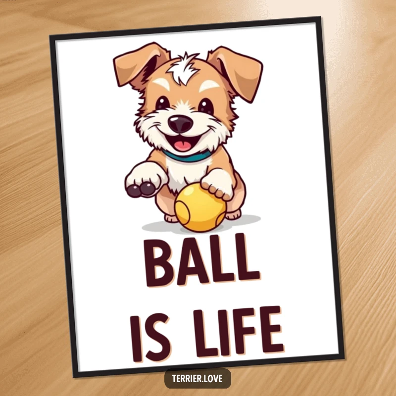 Funny digital art print of a happy terrier with floppy ears, mid-air catching a ball, radiating pure, energetic delight.
