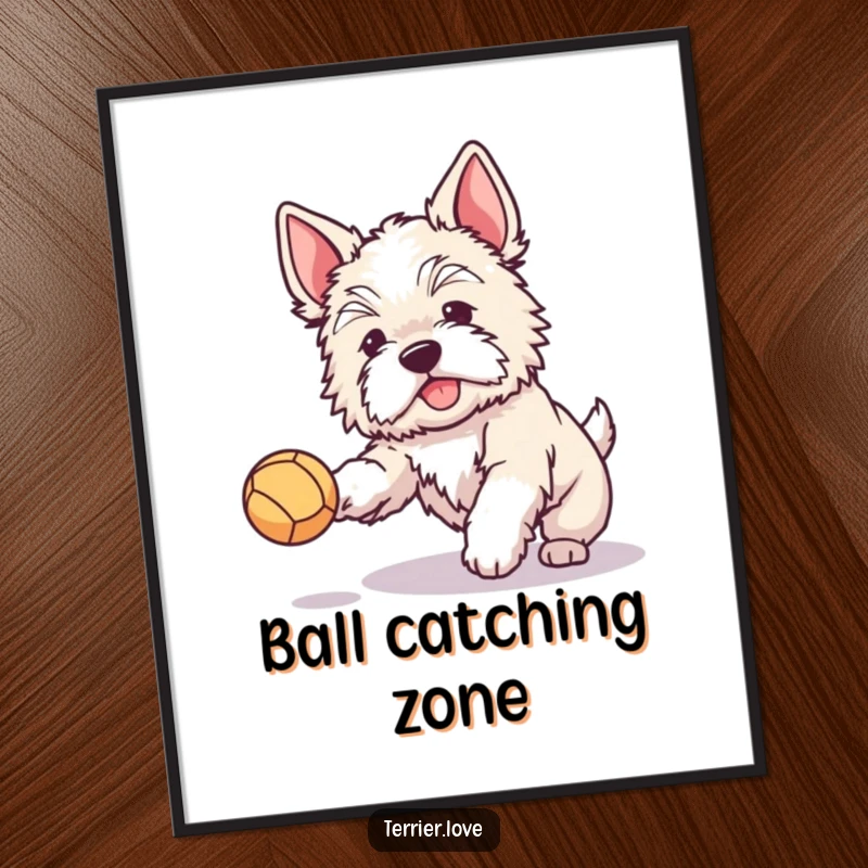 Funny digital art print of a fluffy terrier with perked ears joyfully catching a ball, bringing instant playful energy to any screen.