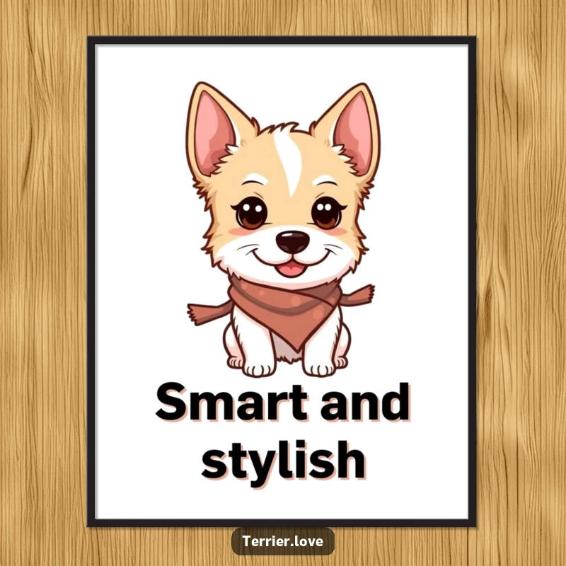 Funny digital art print of a smiling terrier wearing a small scarf, its alert eyes scanning the scene with cheerful vigilance.