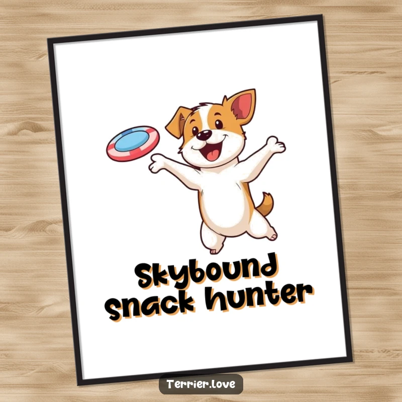 Funny digital art print of an energetic terrier leaping to catch a flying disc, capturing a moment of pure athletic joy.