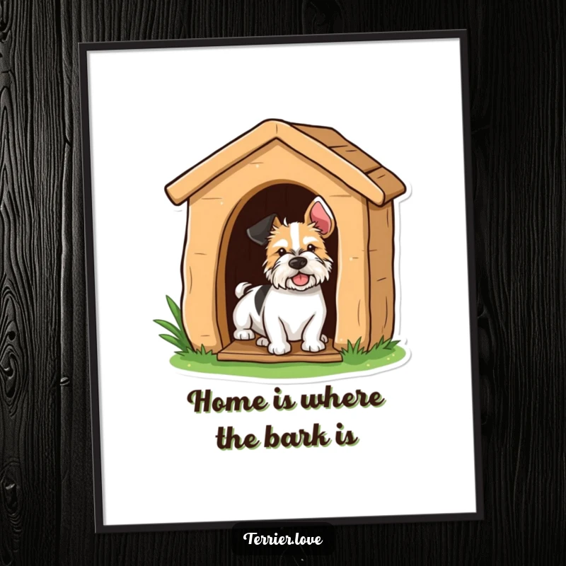 Funny terrier dog playfully peeking from a doghouse, a humorous digital art print for walls.