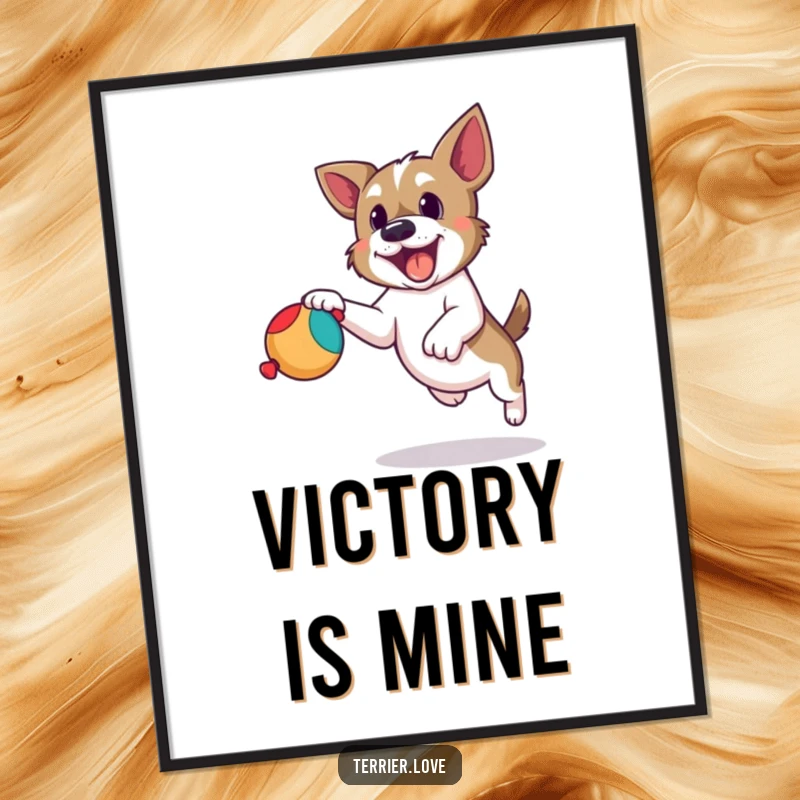 Funny terrier digital art print of a dog leaping with determination to catch a squeaky toy, full of playful action.