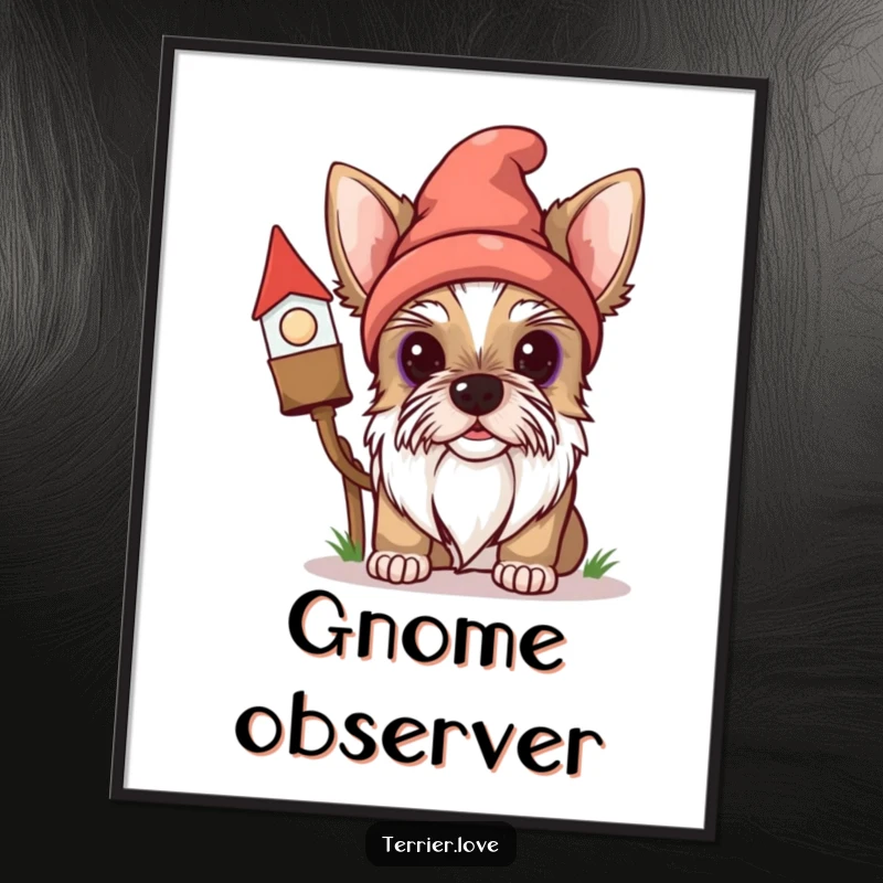 Funny Terrier Digital Art Print: A curious dog peeks from behind a gnome, bringing playful humor and charm to any space.