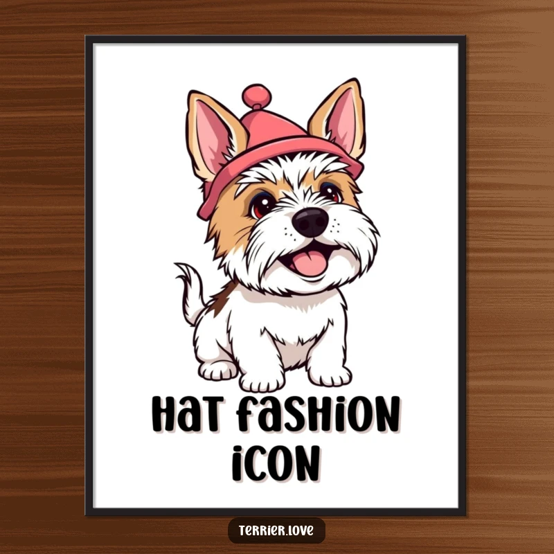 Funny terrier digital art print showing a dog wearing a silly hat and wagging its tail happily, perfect for cheerful decor.