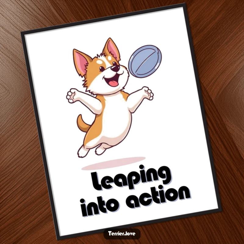 Funny bouncy terrier digital art print of a dog leaping acrobatically to catch a flying disc mid-air.