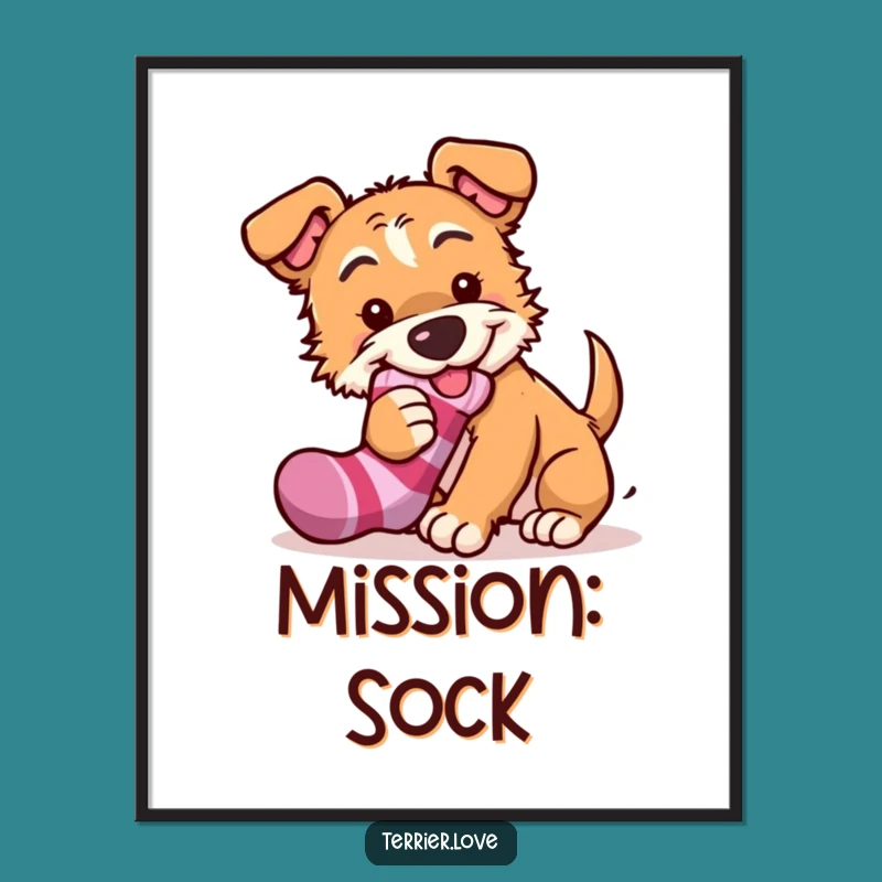 Funny Digital Art: Mischievous Terrier Poster - Sock Thief Dog Art