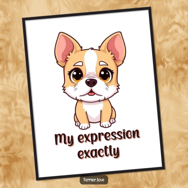 Funny surprised terrier digital art, dog with wide eyes and raised eyebrow, comical shocked canine illustration, printable wall decor.