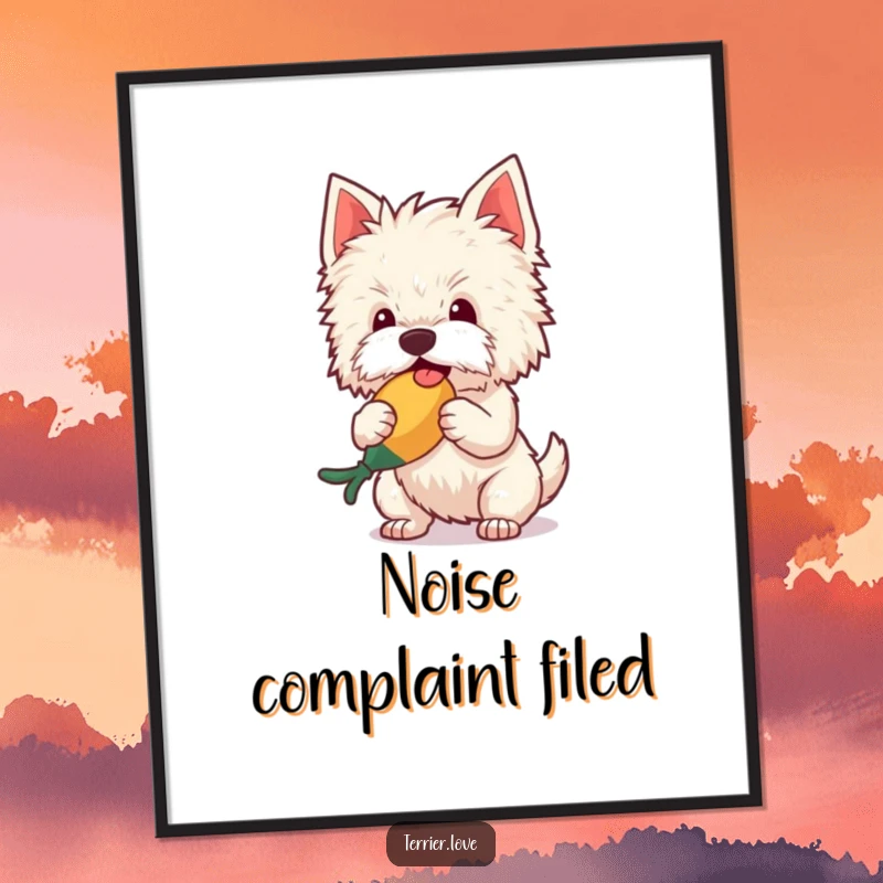 Funny Digital Art Print of a fluffy terrier mid-shake with a squeaky toy, radiating infectious happiness and playful energy for instant decor.