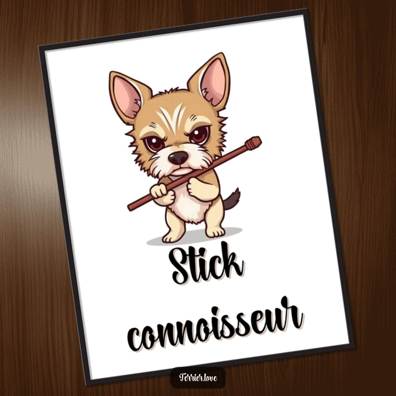 Funny Determined Terrier Digital Art Print: A high-resolution image of a focused terrier carrying a stick, ready for printing and instant motivational decor.