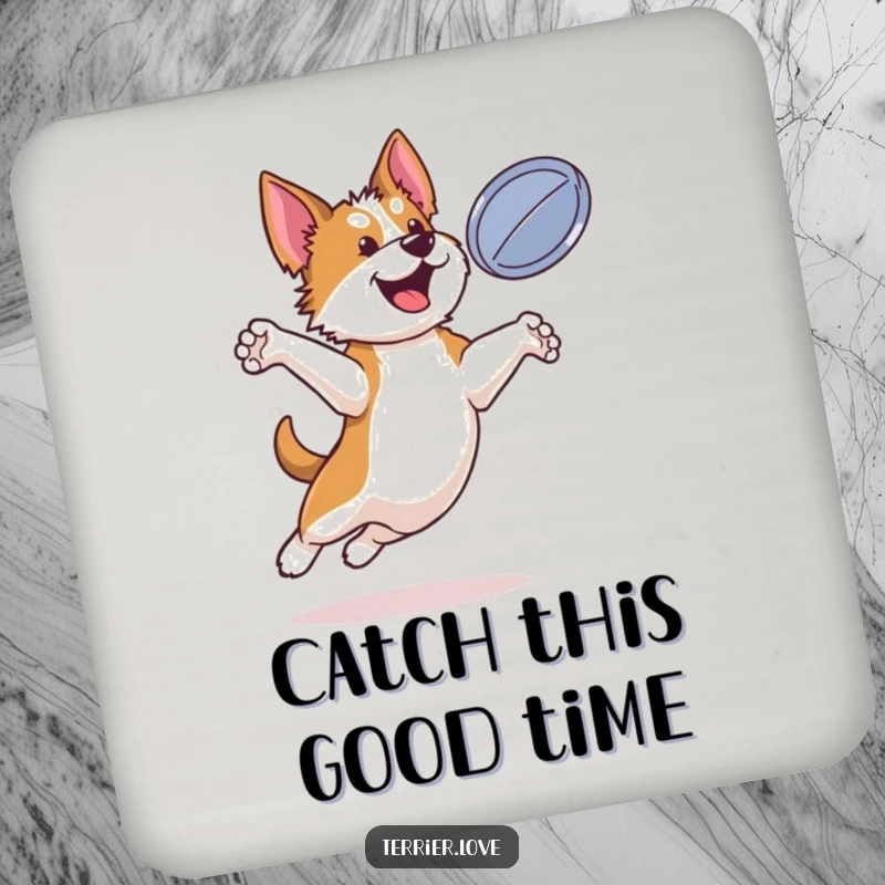 Funny terrier coaster depicting a bouncy dog leaping to catch a flying disc, adding action to tabletops.