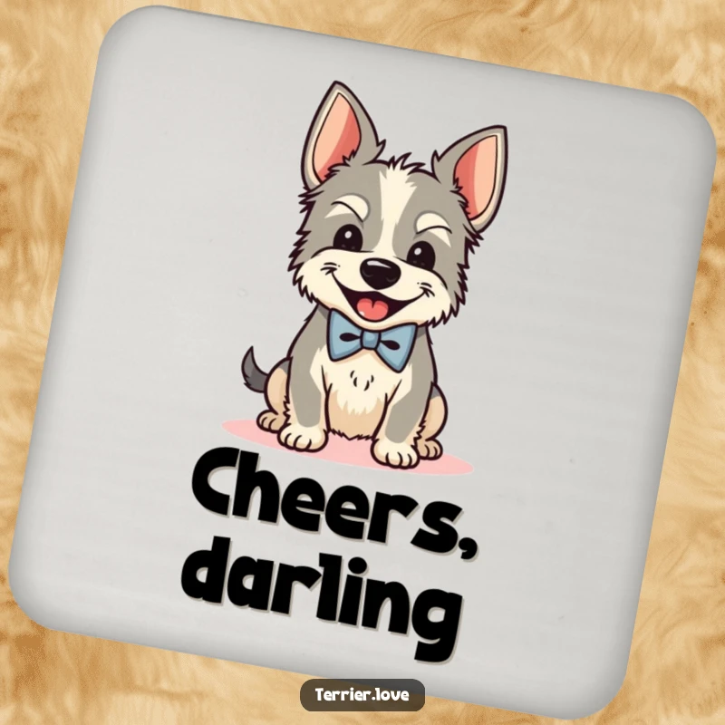 Funny Bow Tie Terrier Coaster: A dapper dog shakes its head with glee, protecting surfaces with humor and canine charm.