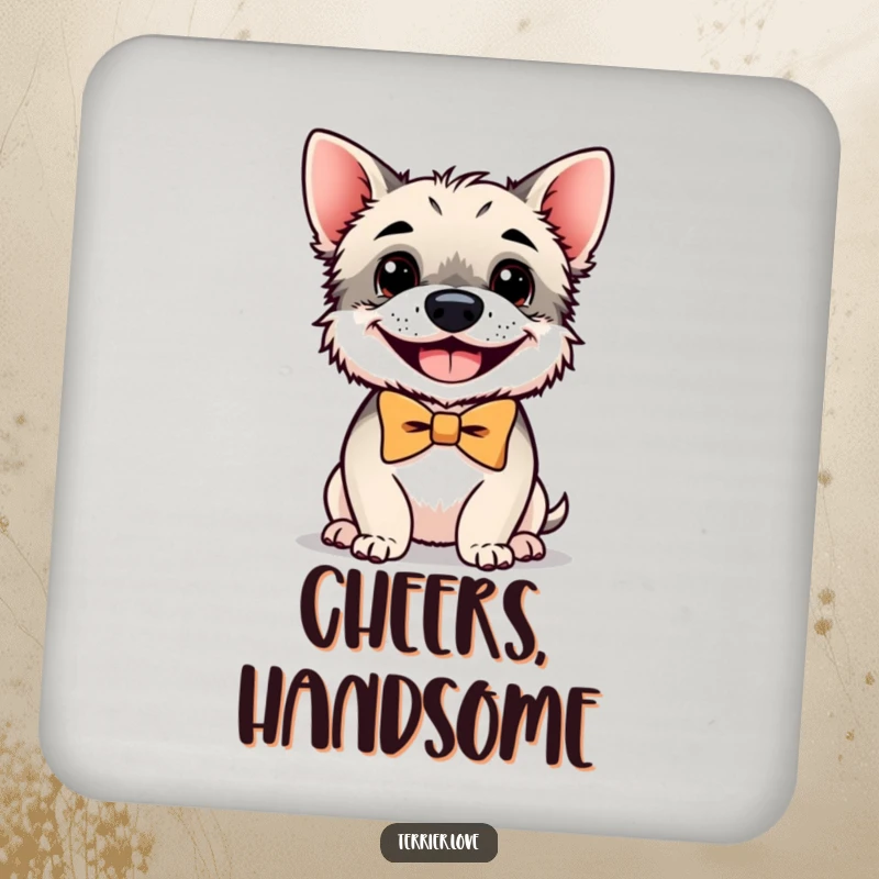 Funny terrier drink coaster showcasing a small, happy dog in a bowtie, elegantly protecting your tables from spills.