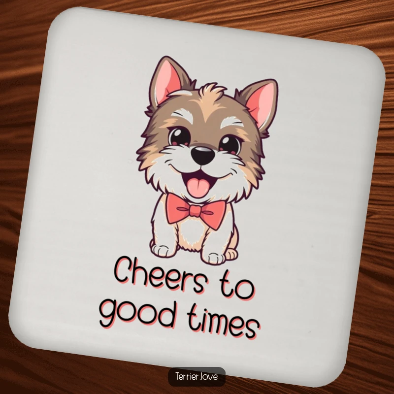 Funny drink coaster featuring a playful Terrier dog wearing a smart bow tie and panting happily, adding stylish protection.