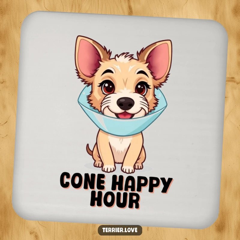 Funny Coaster: A terrier dog wearing a medical cone, looking slightly bewildered but undeniably happy, ready to protect your surfaces.