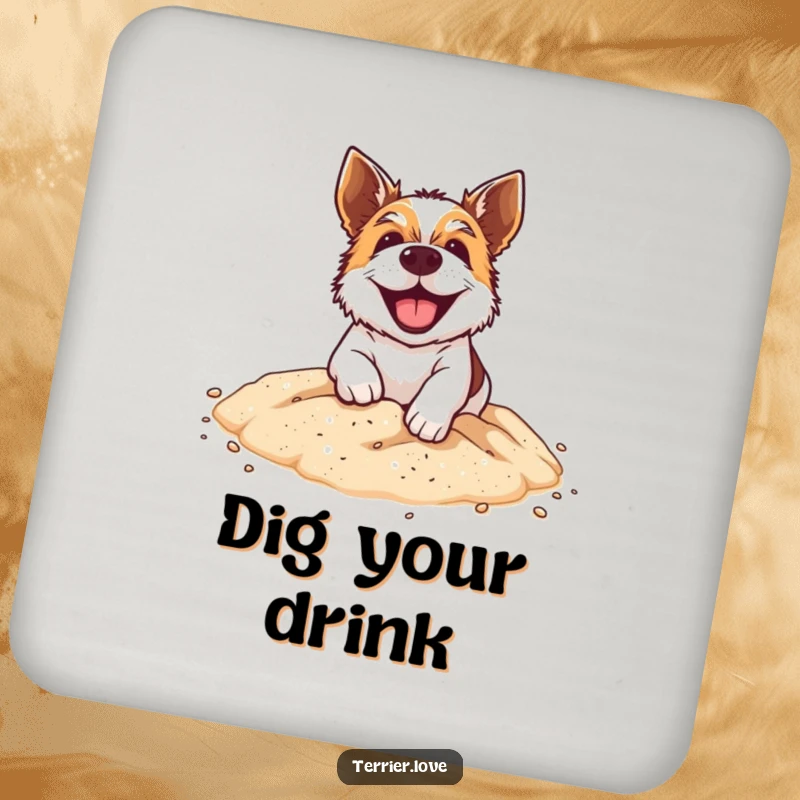 Funny Coaster: A terrier dog grinning widely while energetically digging in a miniature sandpit, bringing playful vibes.