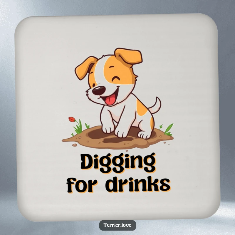 Funny terrier drink coaster showcasing an energetic small dog digging a hole with enthusiasm, guarding your tables from drinks.