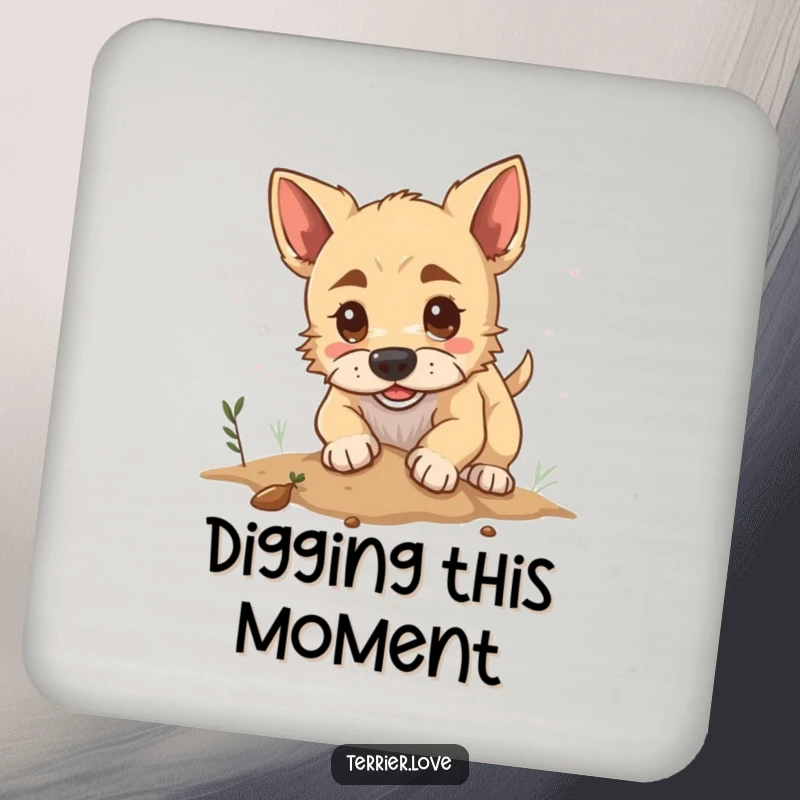Funny drink coaster featuring a determined terrier digging playfully, protecting surfaces while adding a humorous canine touch.