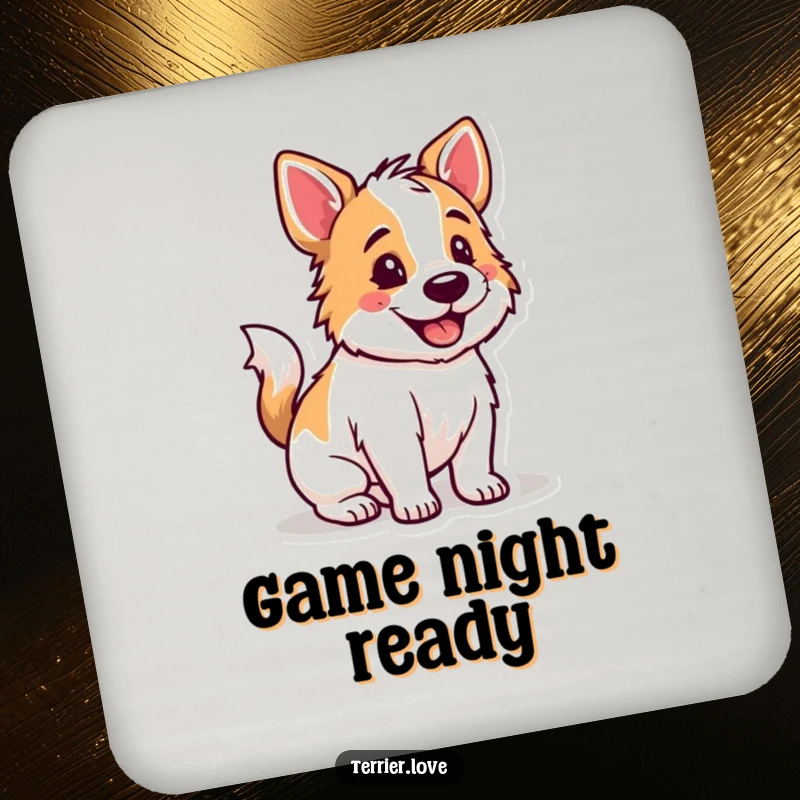 Funny Terrier drink coasters with a happy dog whose tail is wagging, ready for playtime, adding charm.
