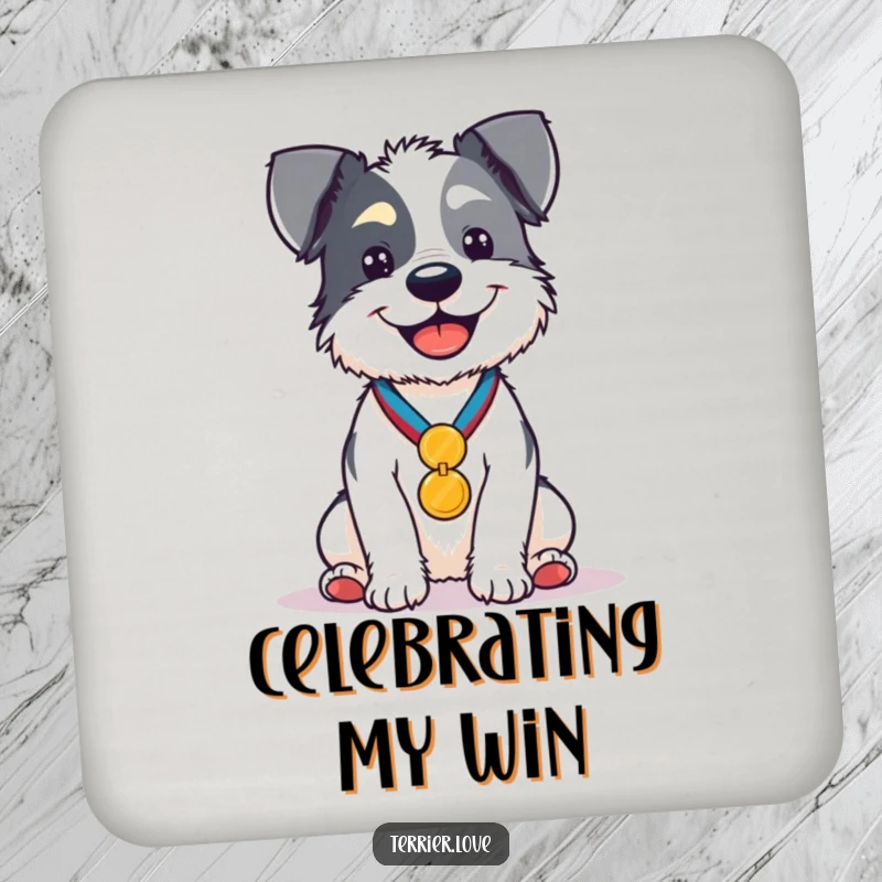 Funny Drink Coaster depicting a proud terrier sitting with a medal, serving as a humorous and protective surface.