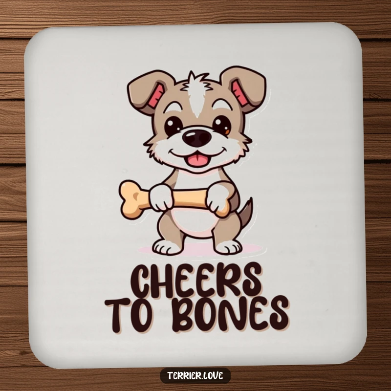 Funny Proud Terrier Coaster: Protects surfaces with art of a proud dog character holding a bone, conveying success.