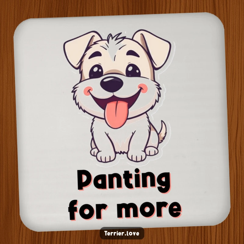 Funny smiling terrier coaster showing a dog happily panting with its tongue lolling out, perfect for happy homes.