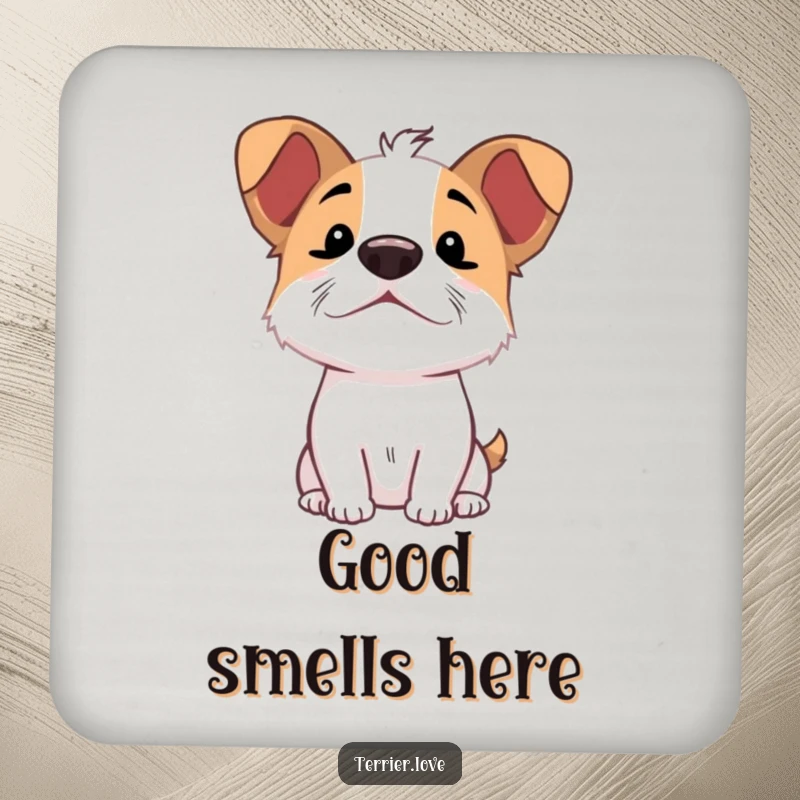 Funny Sniffing Terrier Coaster: Protects surfaces with art of an excited dog character sniffing the air with nose up.