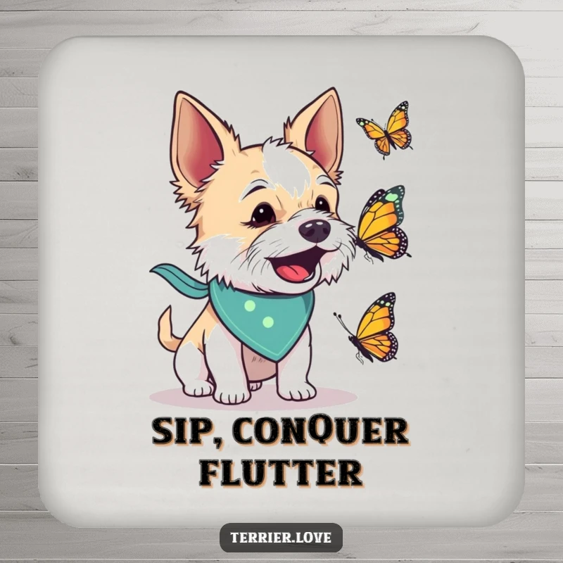 Funny drink coaster featuring a terrier dog in a bandana energetically barking at a butterfly, adding playful charm and surface protection.