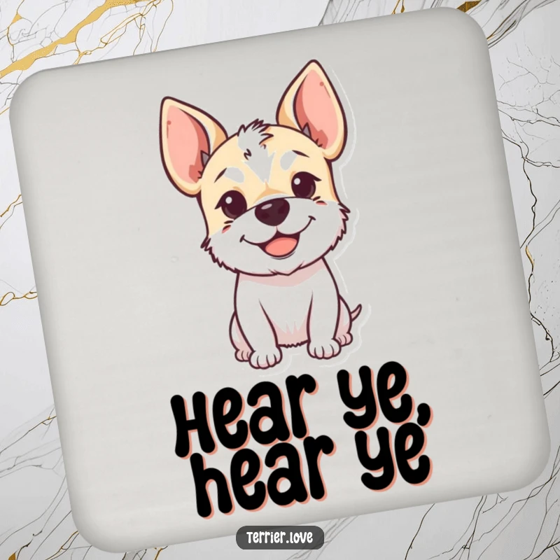 Funny Drink Coasters featuring a smiling terrier with its floppy ears perked up, protecting surfaces with adorable canine happiness.