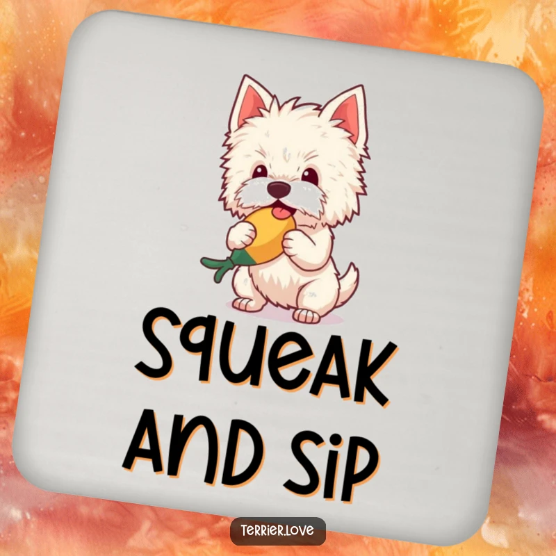 Funny Drink Coasters featuring a fluffy terrier joyfully shaking a squeaky toy, protecting tables with canine-inspired humor.